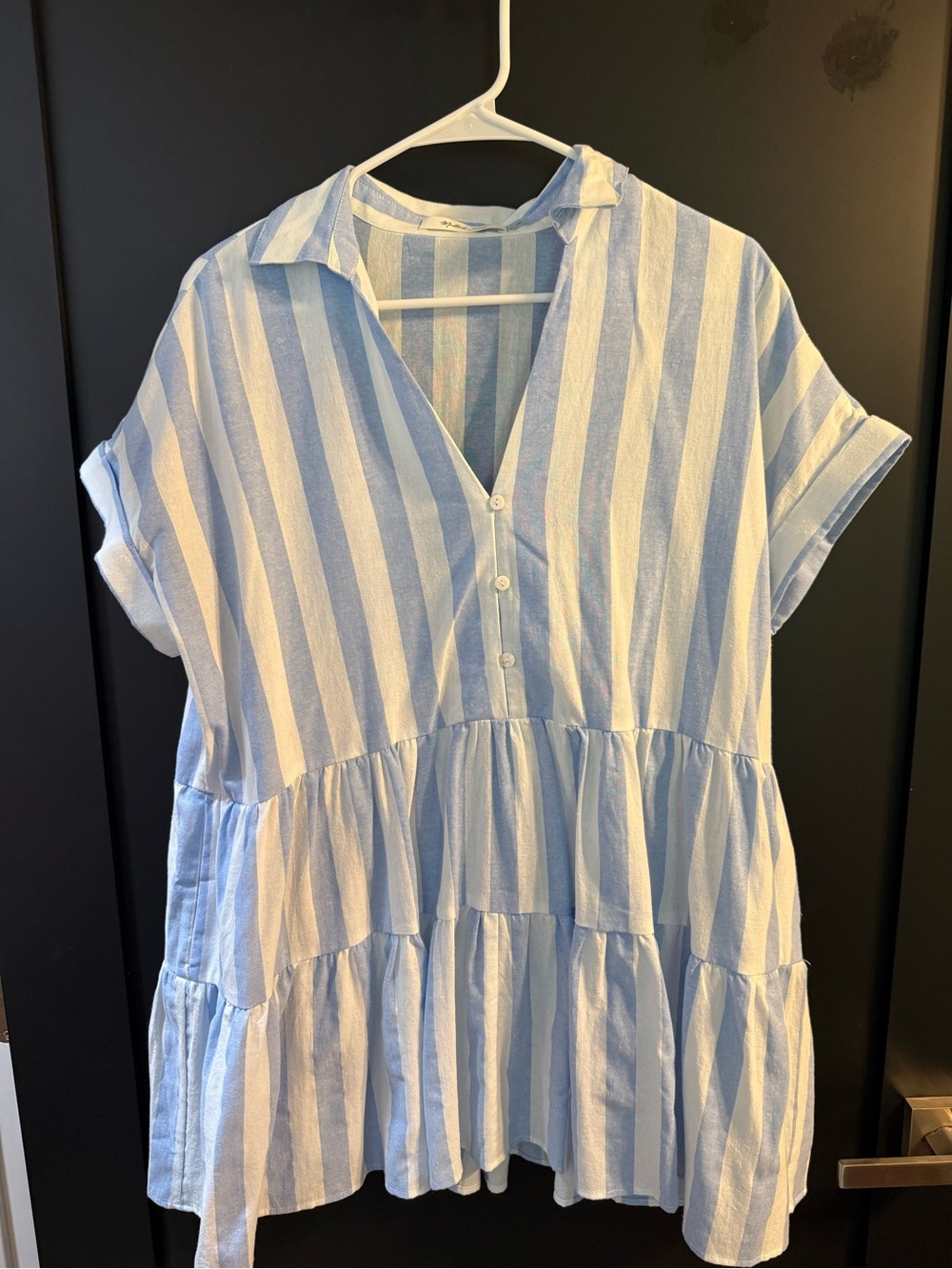 Light Blue and White Striped Button Front Tiered Blouse